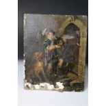 Oil on panel, an antique portrait of a medieval falconer with hound, unframed