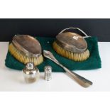Pair of silver backed hairbrushes, pair of pepperettes etc