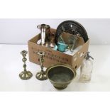 A box of mixed collectables to include silver plated vases, brass candlesticks, soda siphon,