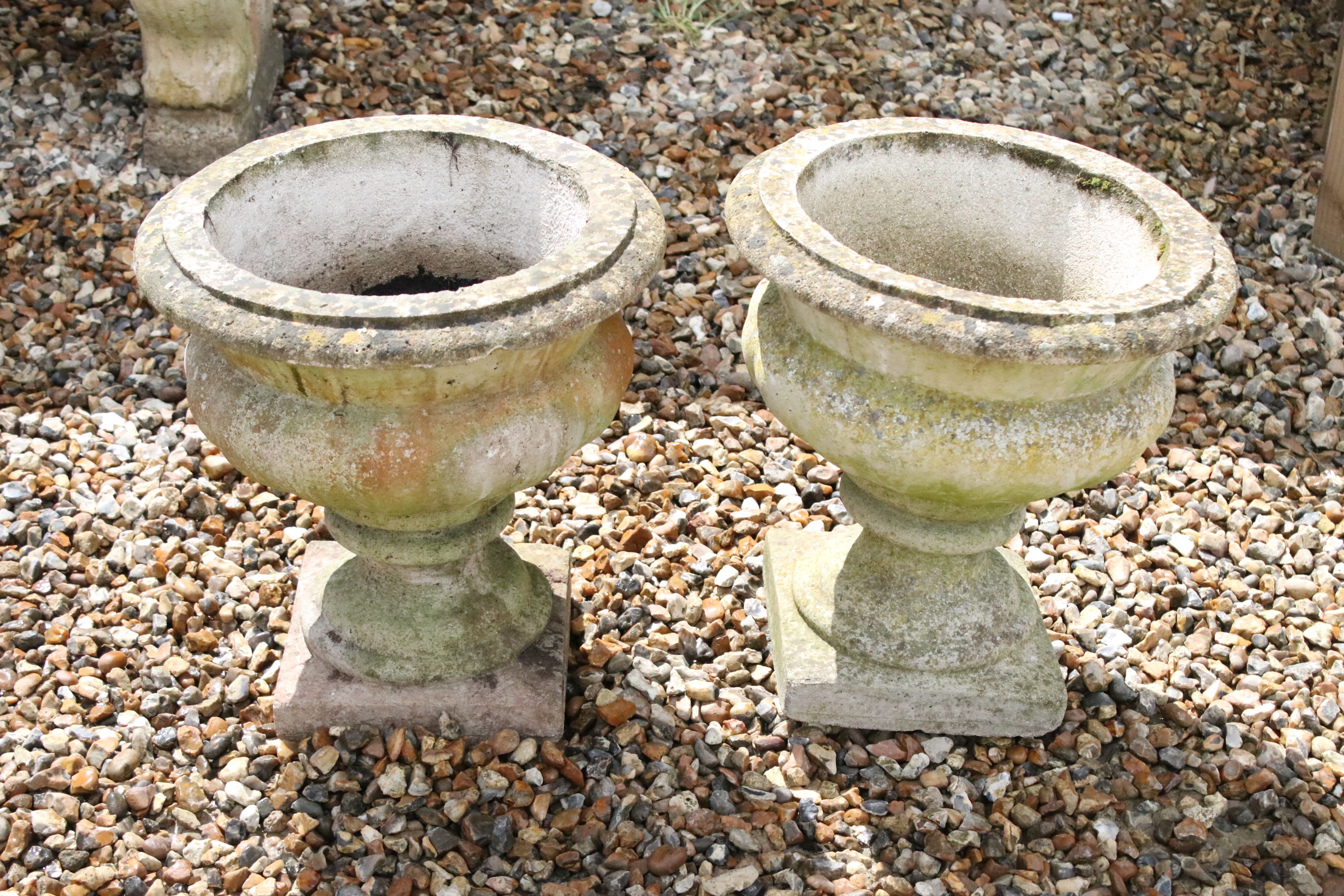 Pair of Garden Reconstituted Stone Urns on pedestal bases, 45cm high