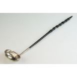 Georgian silver toddy ladle, unmarked, the bowl enscribed ' DEK, ' with twisted handle