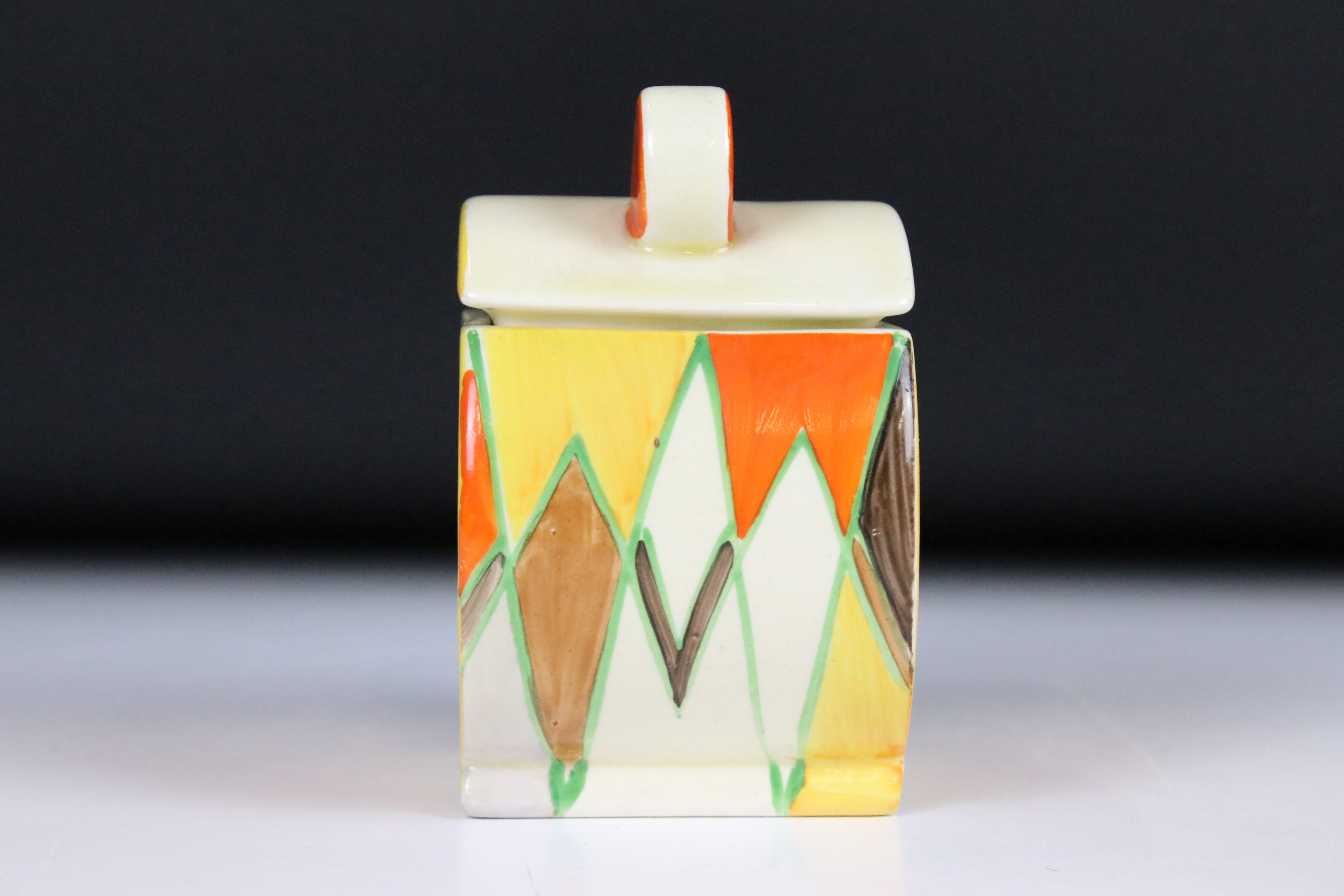 Clarice Cliff Bizarre Bon Jour Preserve Pot and Cover decorated in the Sungold pattern, 11cm high - Image 8 of 8