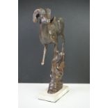 Bronze Mouflon standing on a Rocky Promontory, mounted on a stone base, signed ' Teran 1999 '