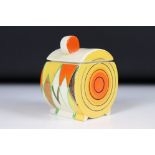 Clarice Cliff Bizarre Bon Jour Preserve Pot and Cover decorated in the Sungold pattern, 11cm high