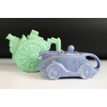 1930's Sadler Ceramic Blue Glazed Teapot in the form of a Racing Car and Driver, 23cm long