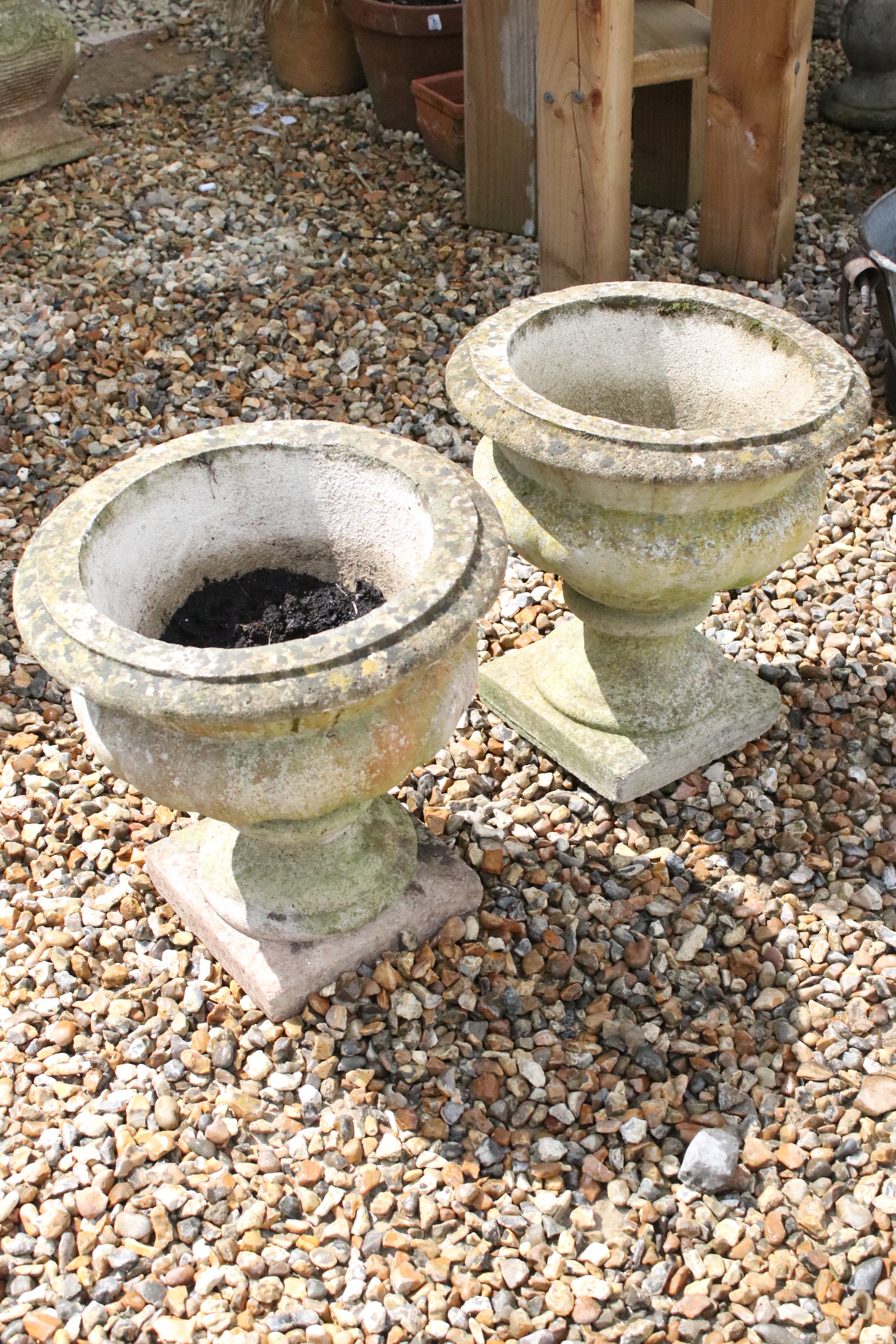Pair of Garden Reconstituted Stone Urns on pedestal bases, 45cm high - Image 2 of 3