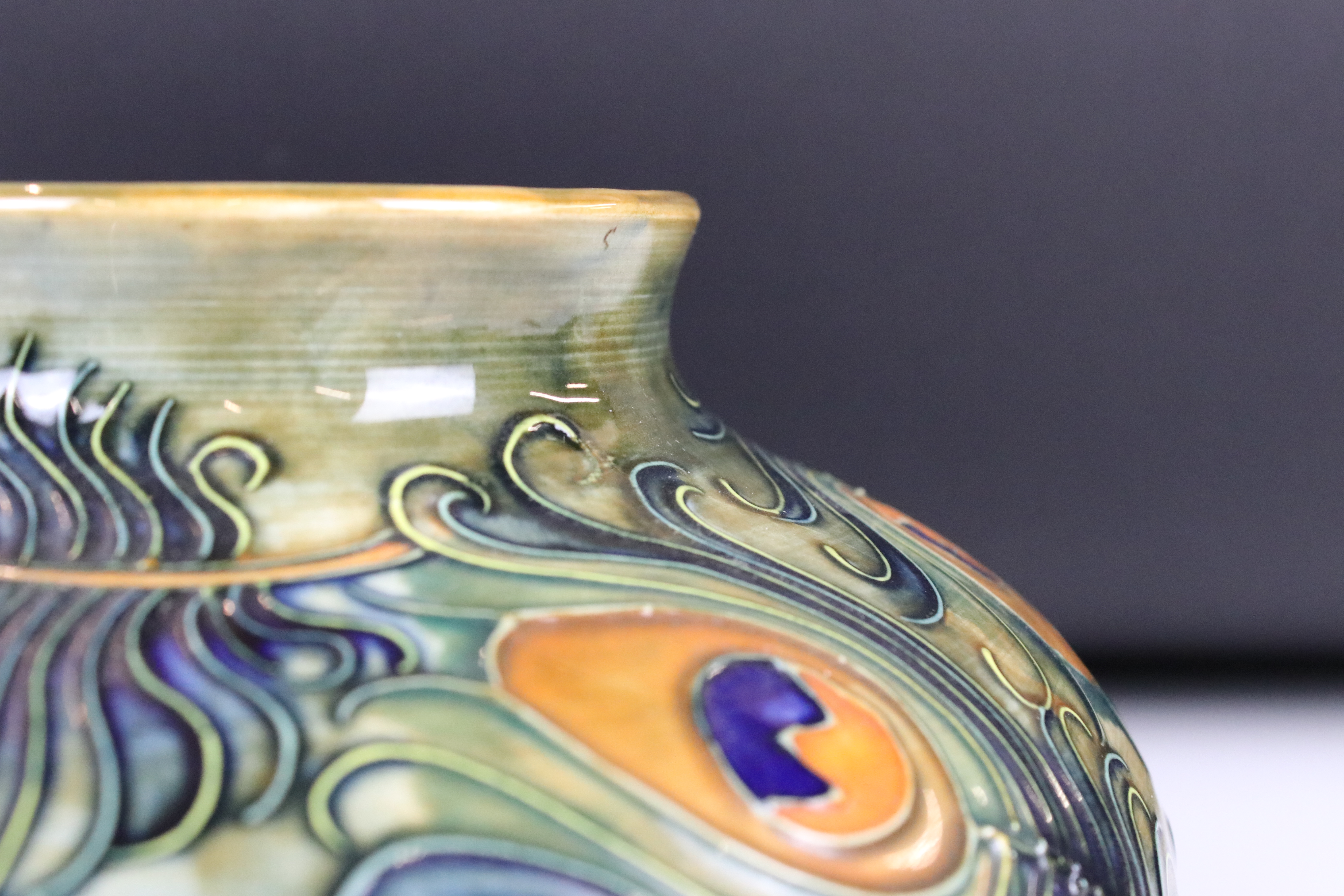 Moorcroft Pottery Squat Vase decorated in the Peacock Feathers pattern, impressed marks to base - Image 5 of 8