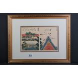 Framed and signed Japanese woodblock in two parts, a river view with dwellings and a temple