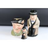 Two Royal Doulton ' Winston Churchill ' Toby Jugs, 23cm and 10cm high together with Royal Doulton