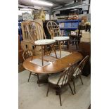 Set of Six Ercol Elm and Beach Dining Chairs with Fleur de Lys Hoop Backs and seat pads together