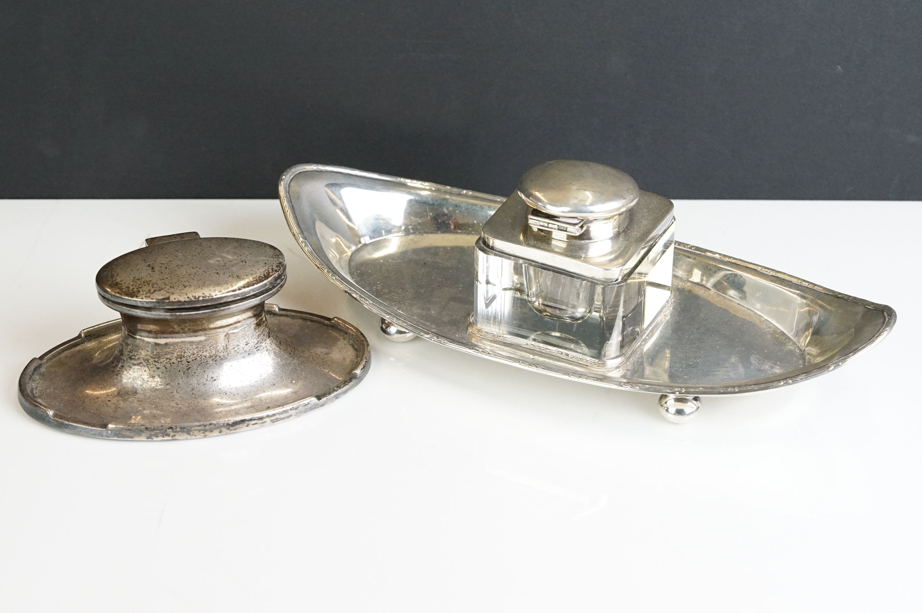 Silver inkwell, Birmingham 1919 & another by A & J Zimmerman, Birmingham 1938 (2)