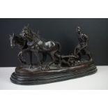 Bronze Figure Group of a Farmer ploughing with Two Horses on marble socle base, 40cm long