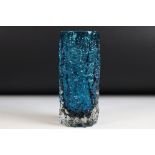 Whitefriars Glass Kingfisher Blue Textured Bark Cylinder Vase, pattern no. 9690, 19cm high