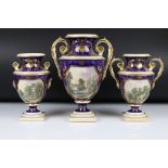 Crown Derby porcelain garniture, the larger twin handled urn decorated with a ' View of Derby, ' the