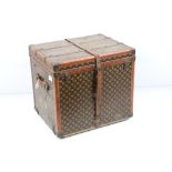 Louis Vuitton Leather Bound Wooden Trunk or Square Suitcase, the hinged lid opening to two lift