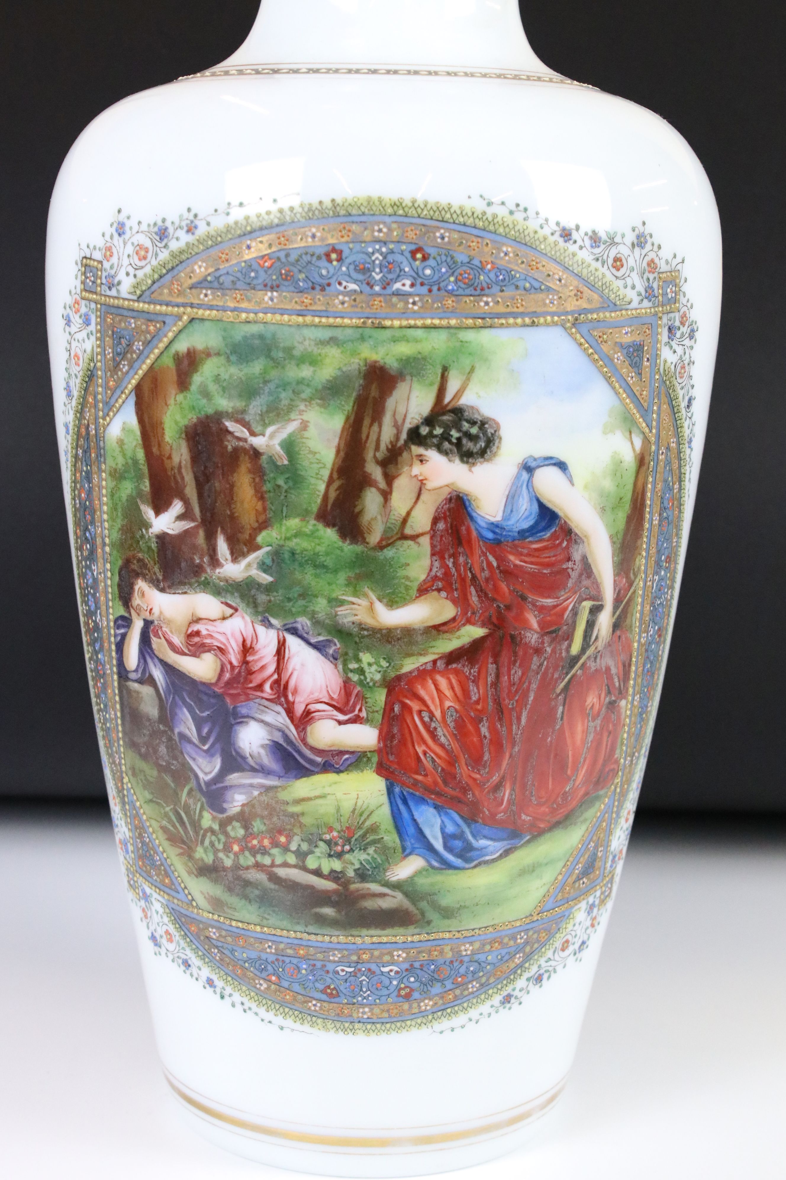 Large 19th century Opaque Glass Vase decorated with a panel of two classical figures in a woodland - Image 5 of 8