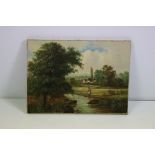 19th century oil on canvas of an extensive country landscape, with man fishing on riverbank,
