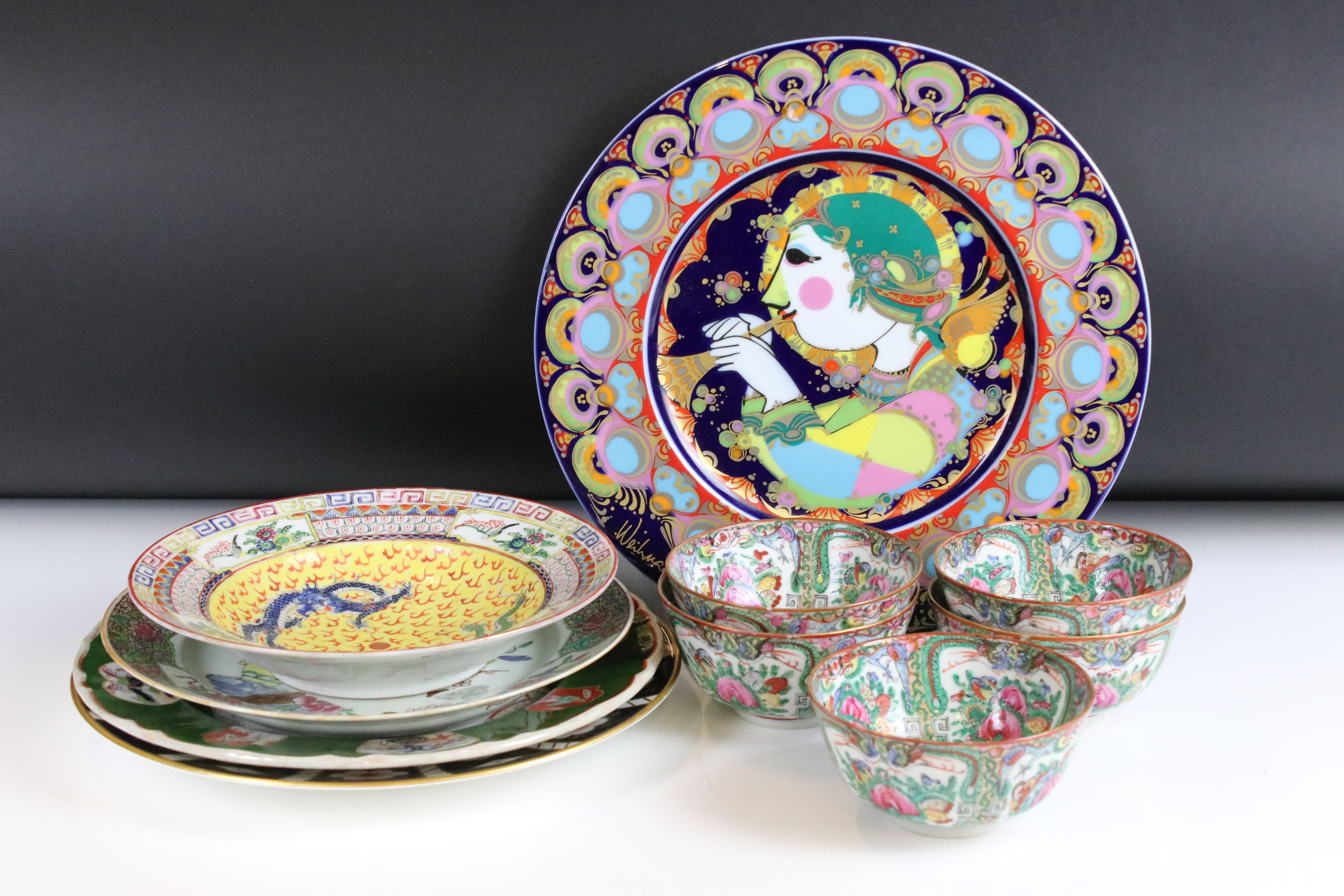 Collection of Ceramic Plates and Bowls including Chinese Cantonese Famille Rose Five Bowls, 11.5cm