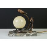 Art Deco French Table Lamp with globular mottled glass shade and two copper effect birds, raised