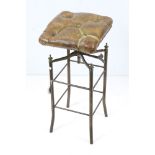Victorian adjustable Square Stool with brass studded brown leather button seat raised on square