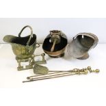 Mixed Lot of Brass and Copper including Copper Coal Scuttle, Two Brass Coal Scuttles, Set of Three