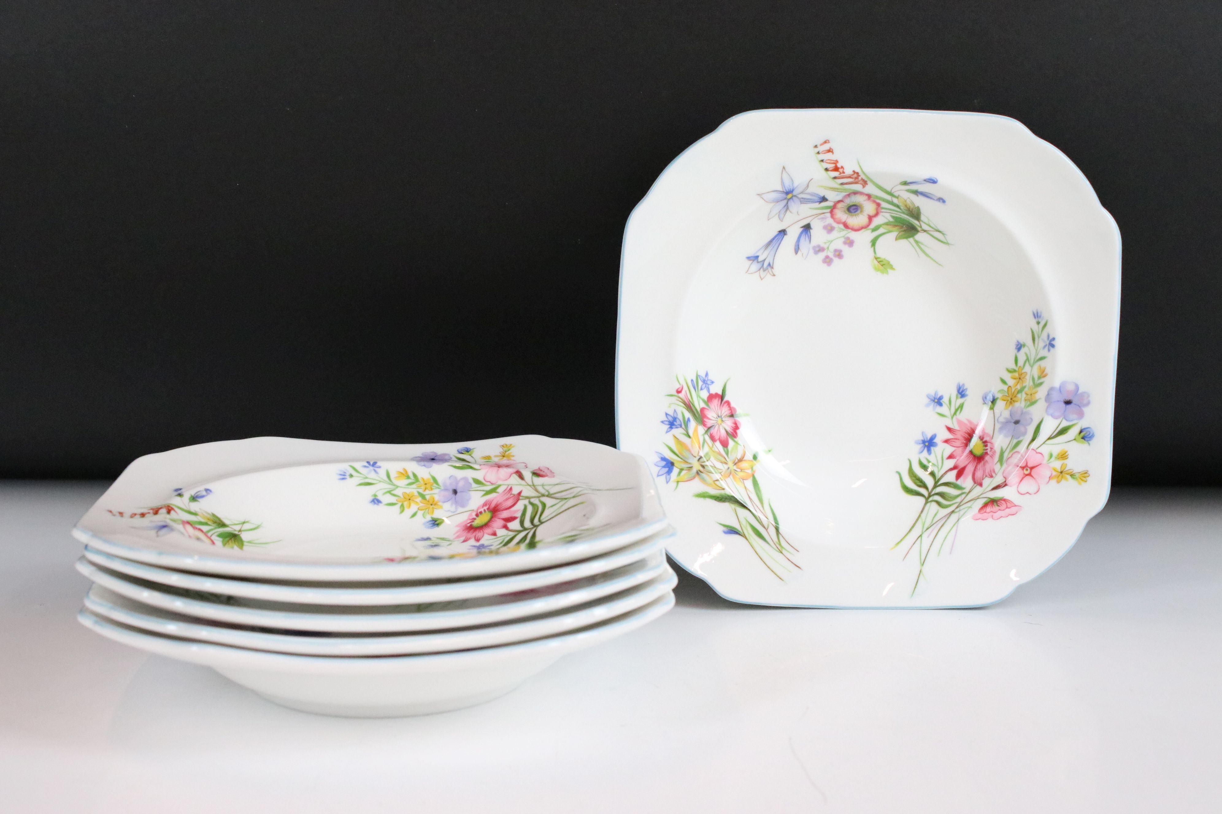 Shelley ' Wild Flowers ' Ware, pattern no. 13668, comprising Dessert Set of Six Bowls and a - Image 4 of 11