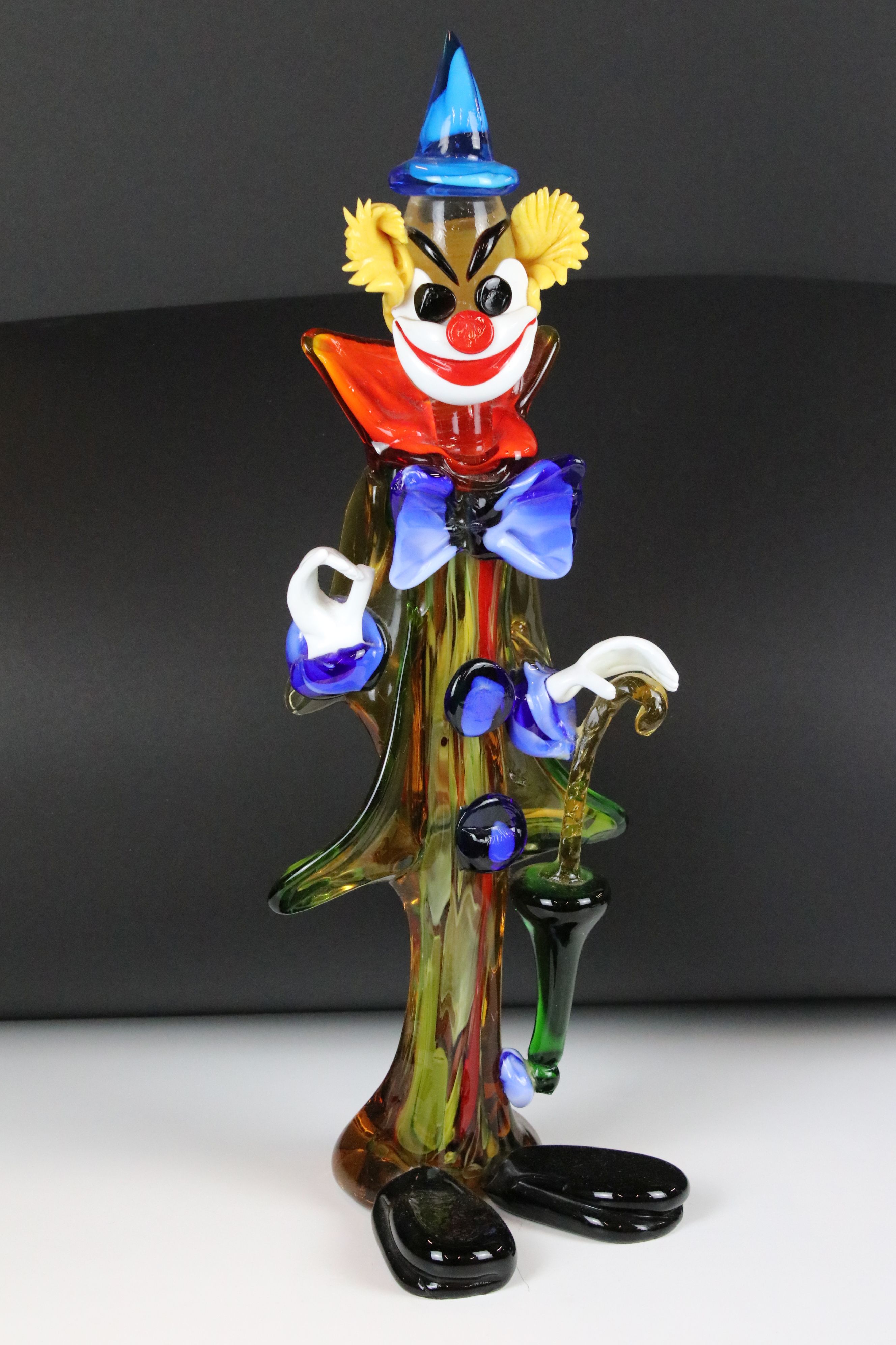 Murano Tall Coloured Glass Clown holding an Umbrella, 54cm high