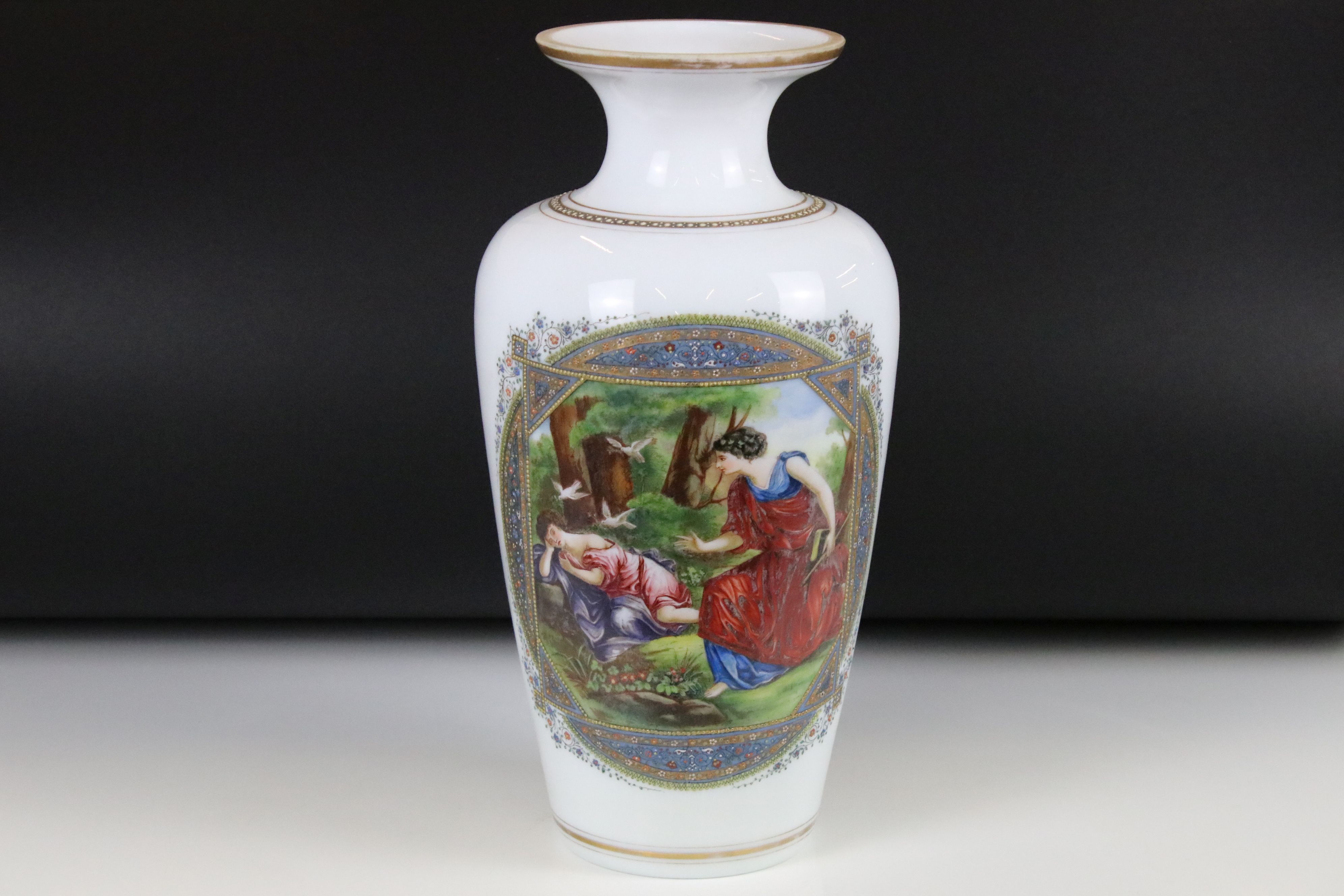 Large 19th century Opaque Glass Vase decorated with a panel of two classical figures in a woodland