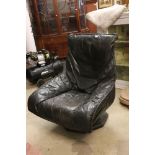 Mid century Retro Black Leather Bucket Swivel Chairs in the manner of Danish designer Bramin, 82cm