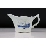 Small Worcester blue and white cream boat, painted with ' Bare Tree Pagoda ' pattern, chip to