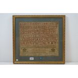 19th century alphabet sampler signed Elizabeth Earle (?), faded, approx. 36cm x 40cm