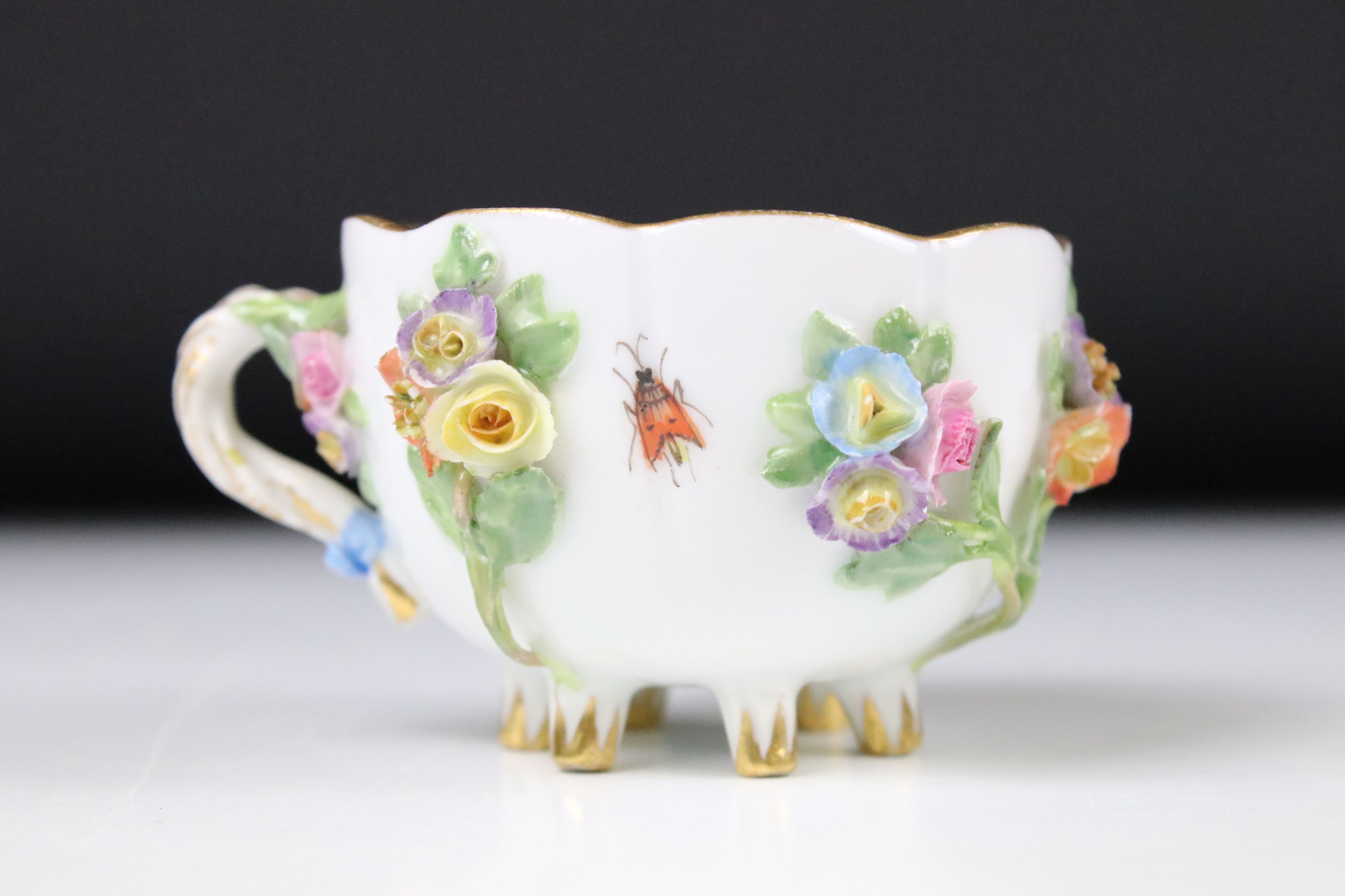 Meissen floral encrusted cup and saucer, decorated with insects and flowers - Image 6 of 8