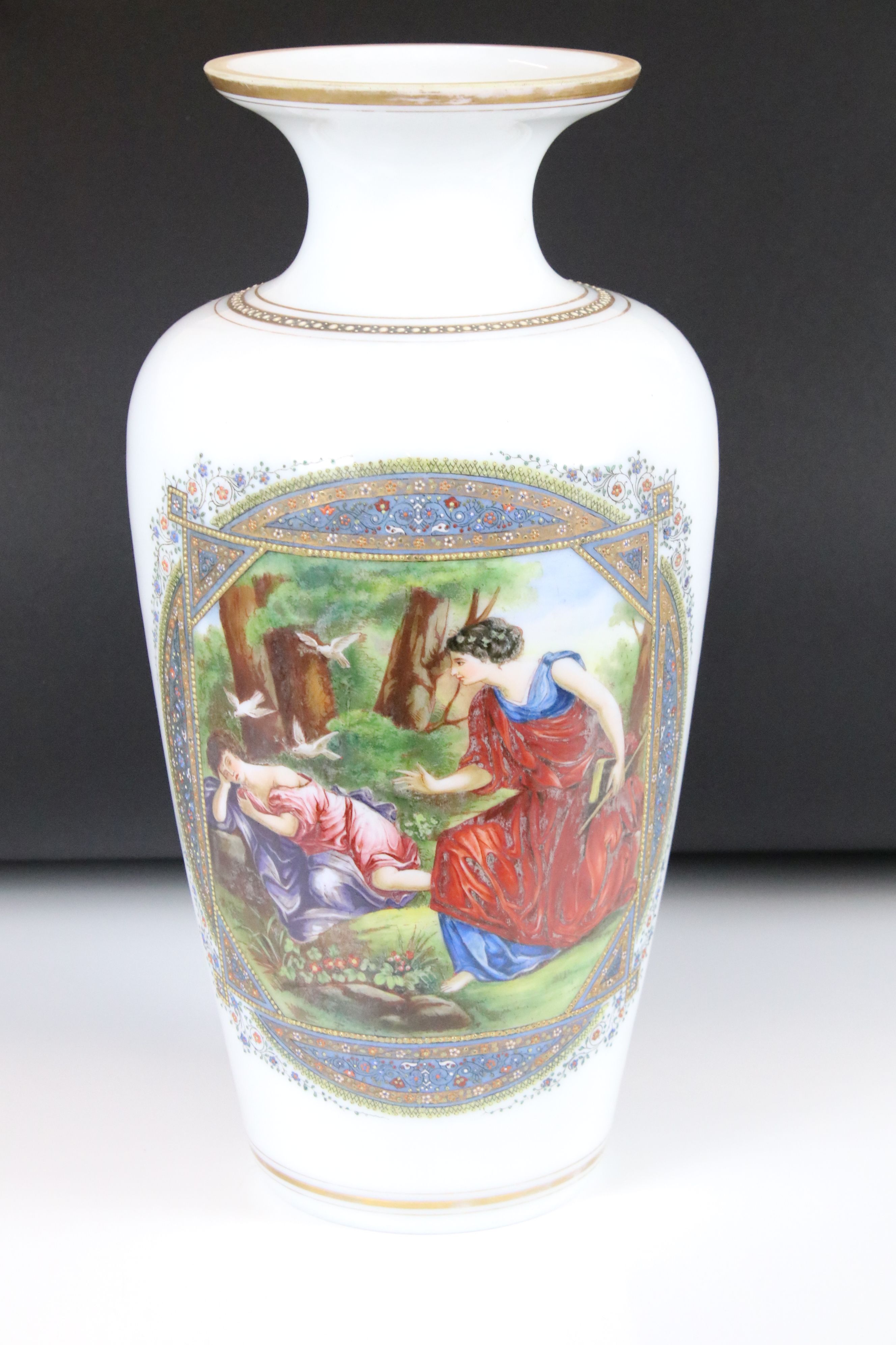 Large 19th century Opaque Glass Vase decorated with a panel of two classical figures in a woodland - Image 4 of 8