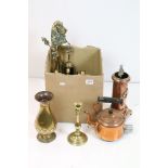 A box of mixed metalware to include copper kettle, brass companion set, pewter tankard ..etc.