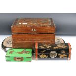 An victorian wooden writing slope with inlayed decoration to the lid together with two
