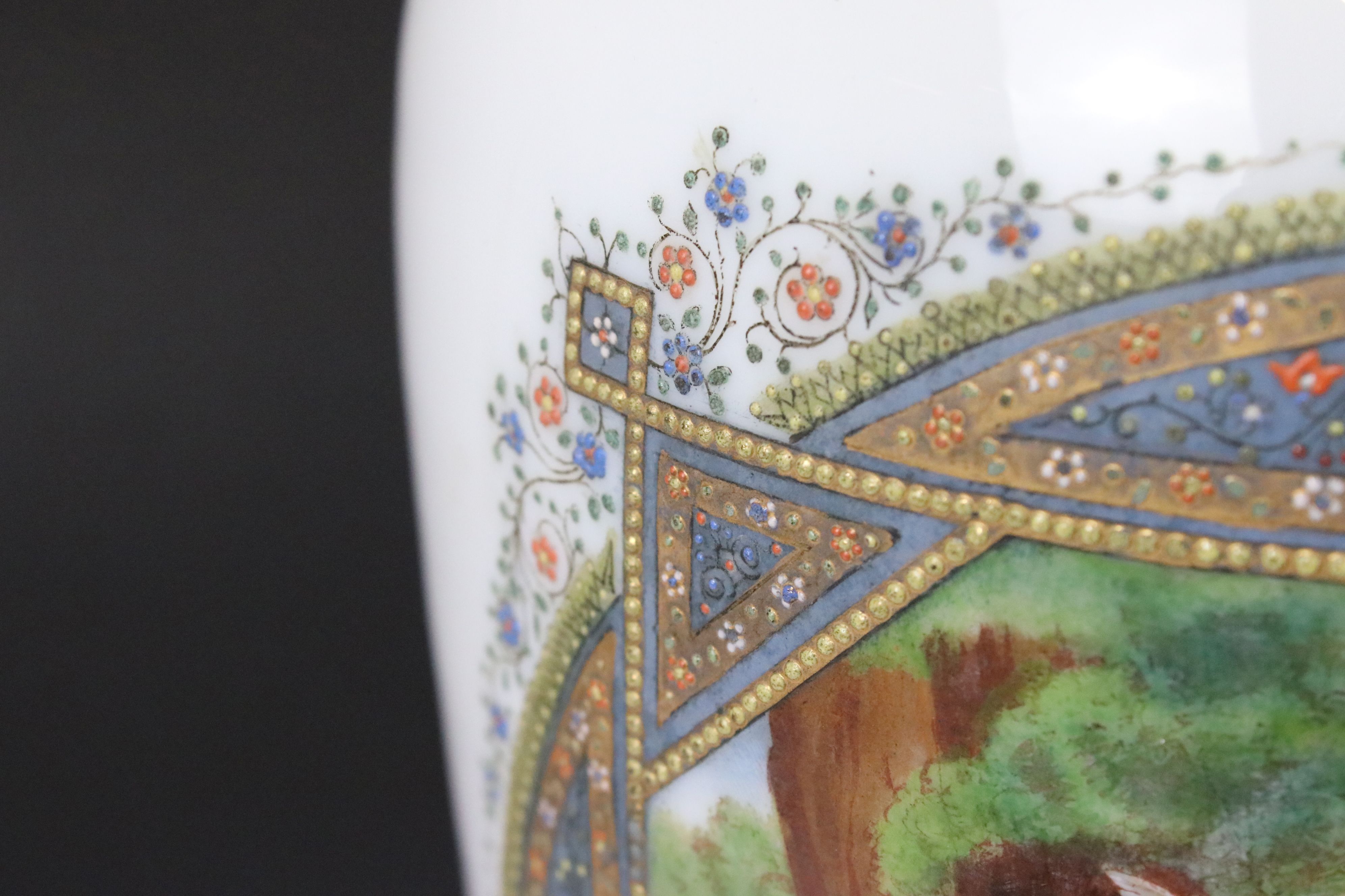 Large 19th century Opaque Glass Vase decorated with a panel of two classical figures in a woodland - Image 6 of 8