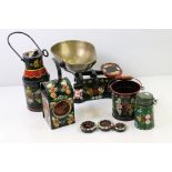 A group of hand decorated barge ware items to include kitchen scales, churn, bucket and hazard