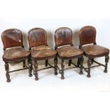 Set of Four Oak Dining Chairs in the 17th century manner with brown leather effect and brass studded