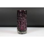 Whitefriars Glass Aubergine Textured Bark Vase, pattern no. 9690, 19cm high