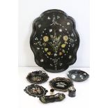 Collection of mainly 19th century Black Lacquered Papier Mache items including Shaped Hanging