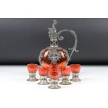 Continental Art Nouveau Pewter and Red Glass Liqueur Set comprising a Decanter and Stopper 22cm high