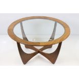 Mid century Retro G-Plan Teak ' Astro ' Circular Coffee Table with glass inset top designed by