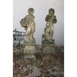 Pair of Reconstituted Stone Statues of Summer and Autumn, on plinths, 117cm high
