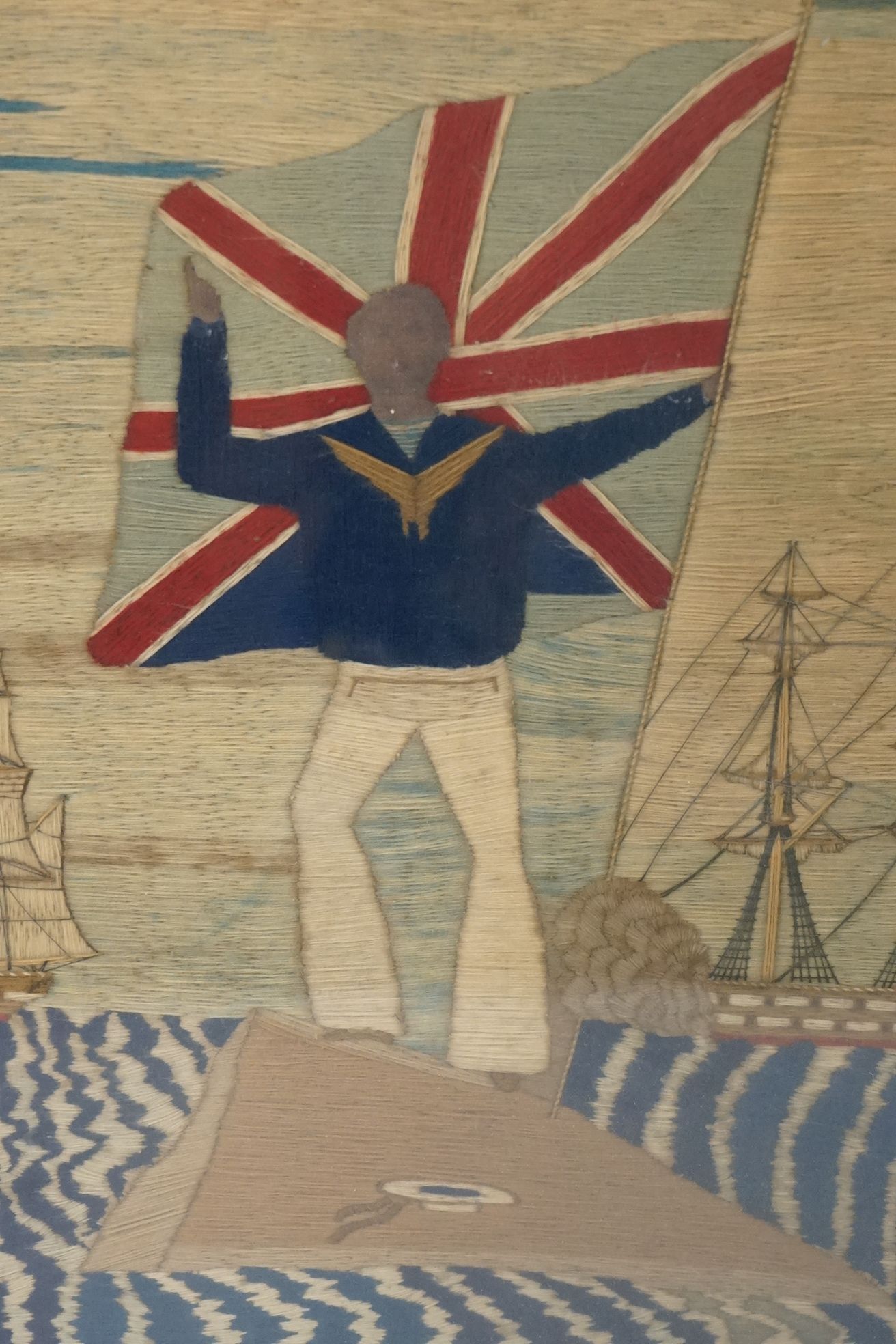 19th century Woolwork Embroidery of a Sailor stood on a rocky outcrop holding a flag with French and - Image 3 of 12