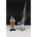 Large Murano Coloured Glass Bird, 44cm high together with a Murano Coloured Glass Clown, 22cm high