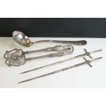 Pair of silver plated meat skewers in the form of swords, a set of plated cake tongs & a soup