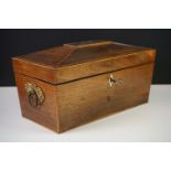 Regency Rosewood and Boxwood Inlaid Tea Caddy of sarcophagus form, the hinged lid opening to two