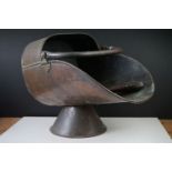 19th century Copper Helmet Coal Scuttle, 50cm long together with Coal Shovel with Wooden Handle