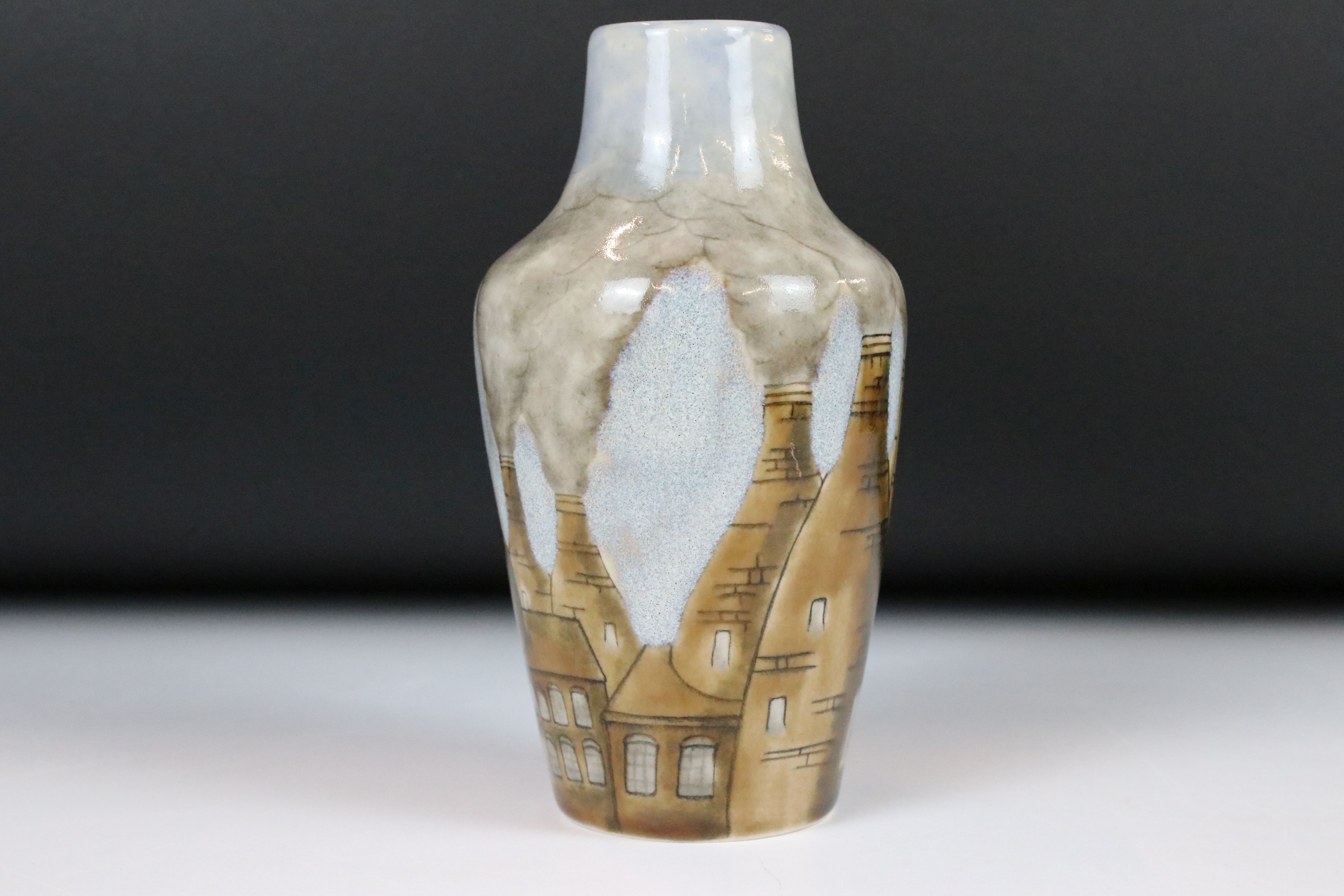 Cobridge Stoneware Vase decorated in the Bottle Kiln pattern, impressed marks to base and initials