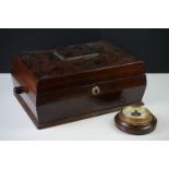 19th century Rosewood Jewellery Box with twin turned handles, the hinged lid opening to a lift out